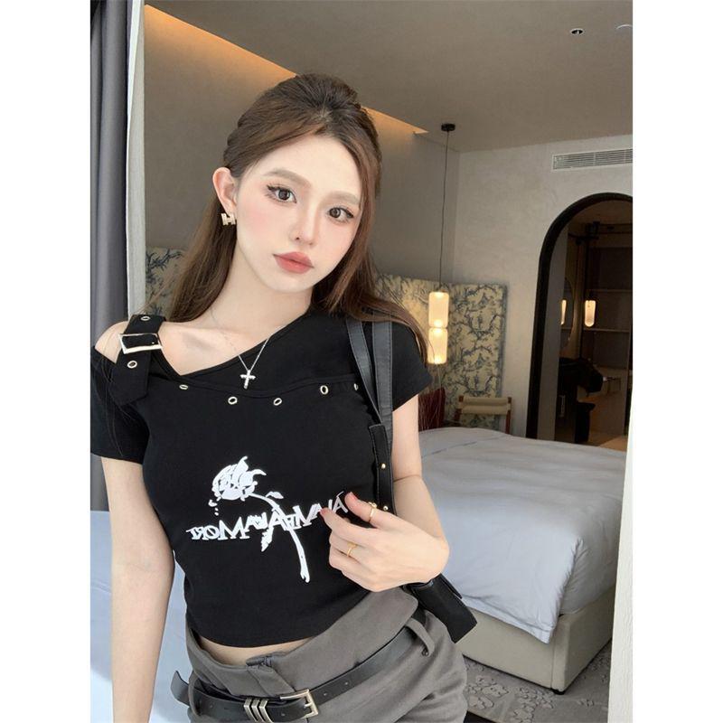 

American Print Off-Shoulder Short-Sleeve Slim Fit T-Shirt for Women - Chic, Sweet, and Trendy Summer Top M