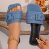 Denim-Schnallenriemen Damen-Hausschuhe Einfache flache Sandalen Damen-Slides Retro-Quadratische Zehenpartie Lässige Strandschuhe Große Größe 43