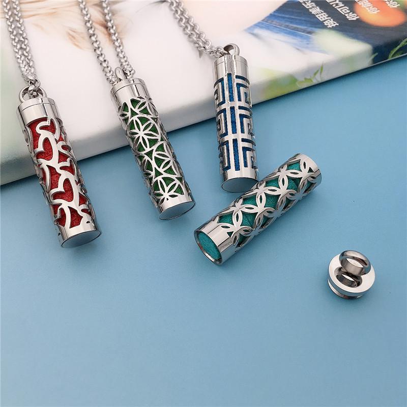 Aromatherapy Hollow Perfume Bottle Pendant Necklace in Stainless and Titanium Steel with Cotton Pads for Men & Women