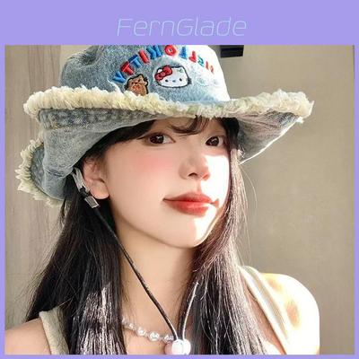 Hello Kitty Denim Fisher Hat With Wide Brim Sun Protection For Summer Outings