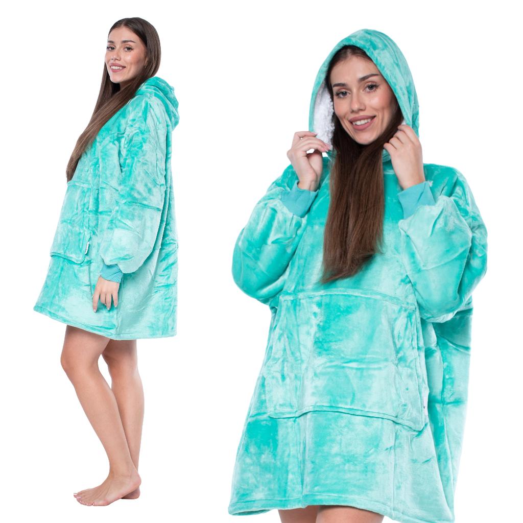 Bluza koc kocobluza 2w1 oversize xxl z kapturem gruba sherpa turkusowa