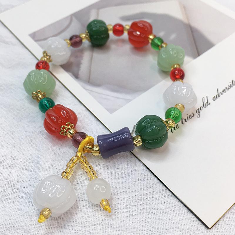 Women's Multi-Color Natural Jade Pumpkin Bead Bracelet