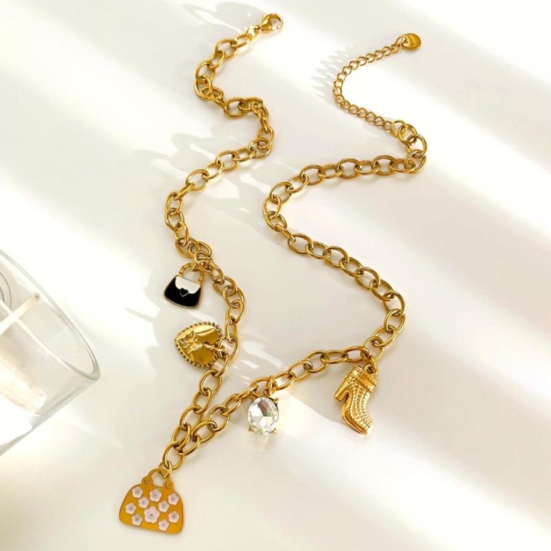 Rhinestones Embellished Love Sachet Charm Necklace Stainless Steel Clavicle Chain Fashion Jewelry Accessory