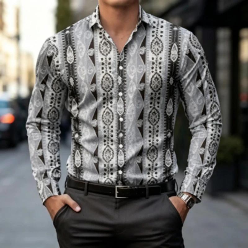 Ethnic Print Long Sleeve Shirt, Stylish Men's Casual Formal Top