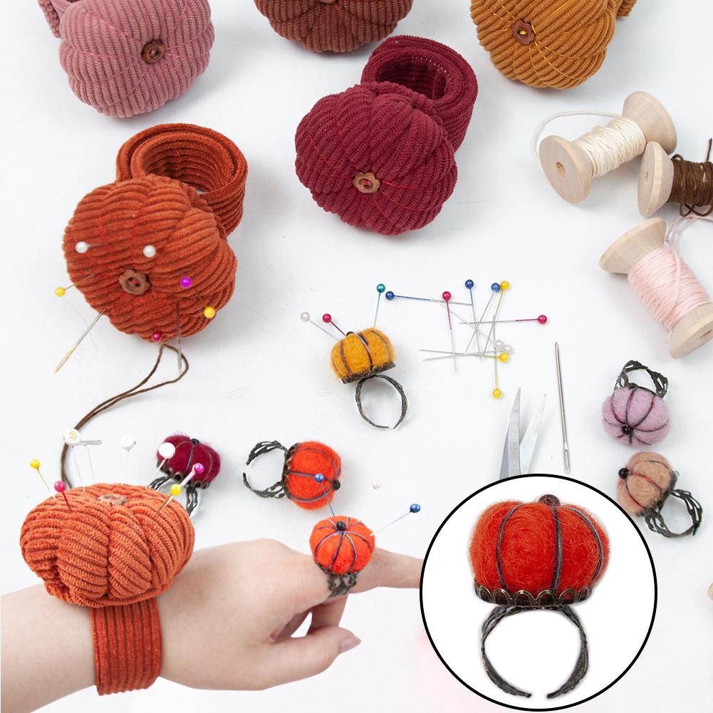 Pumpkins Wrist Pin Cushion Set With Snap-Pop Rings Needle Storage Pin Holder DIY Handcraft Sewing Accessories Kit For Needlework