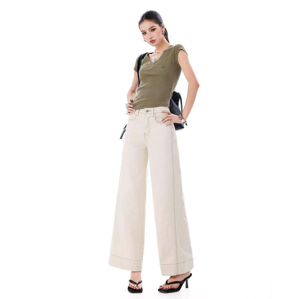Spring Summer Off White High Waist Stretch Slim Relaxed Wide Leg Cropped Mom Style Nine Points Denim Pants Ladies Casual Pants Oversize Denim Trousers