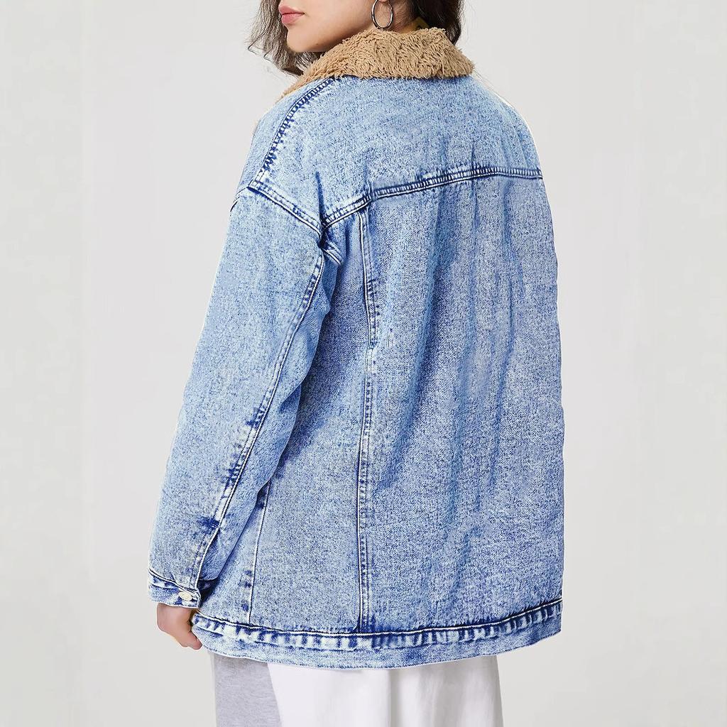 Women's Casual Fashion Long-sleeved Solid Color Loose Plus Velvet Denim Cotton Coat Denim Jacket