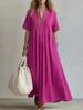 Women's Casual Loose V-Neck Short Sleeve Ruffled Cotton Linen Dress