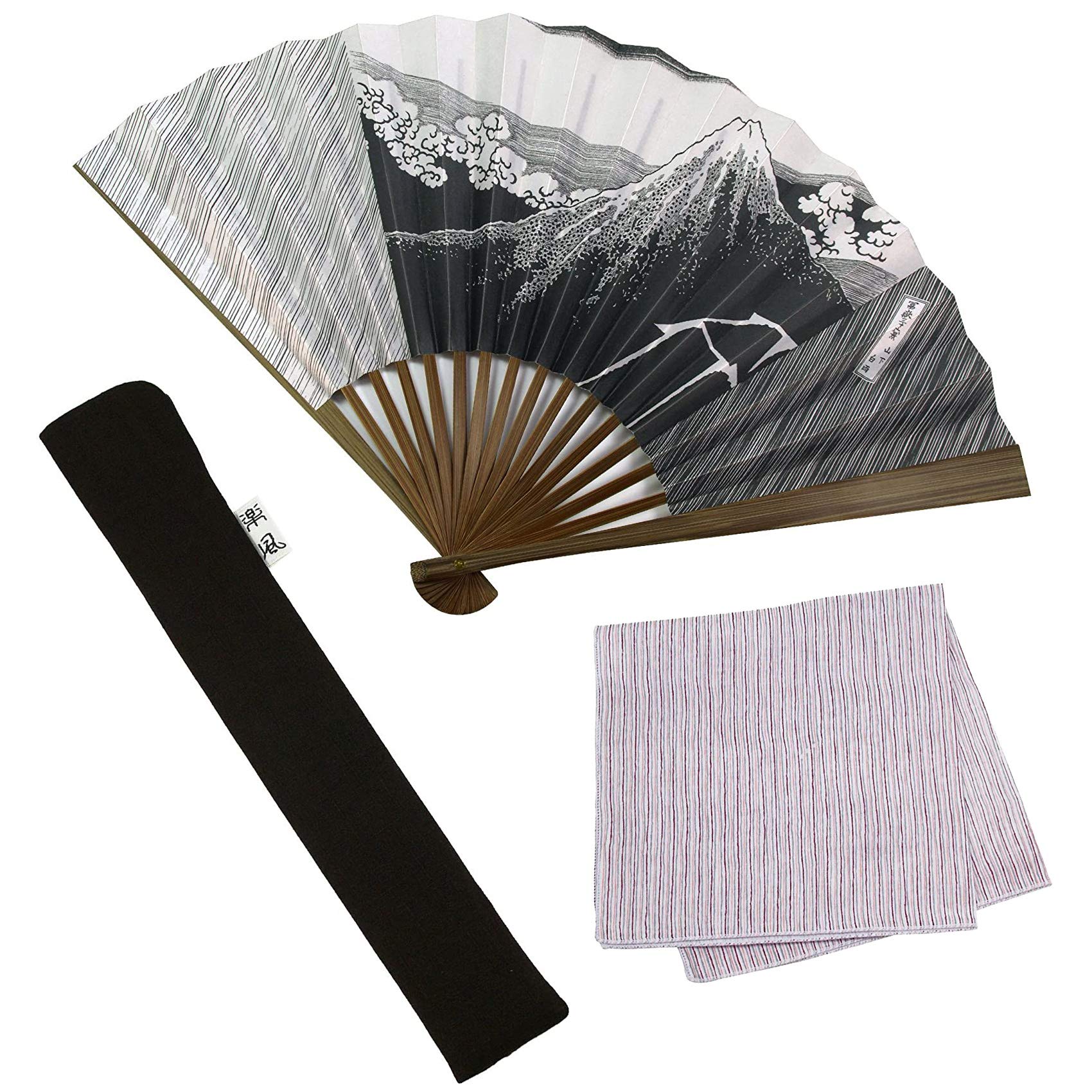 

[Osaka Choseido] Men s Stylish Folding Fan, Business Style, with Folding Case and Handkerchief, Fuji Design