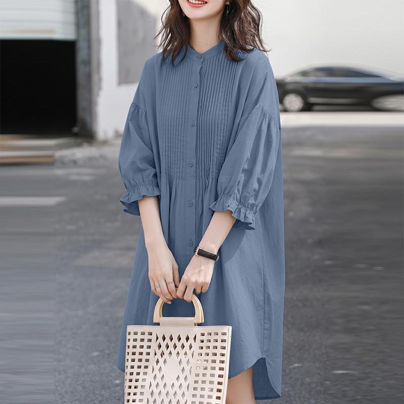 ZANZEA Women Stand Collar Solid Color Loose Long Sleeve Shirt Dress