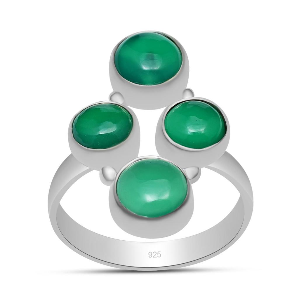 6X6 Mm Natural Green Onyx Gemstone 925 Sterling Silver Handmade Round Shape Gemstone Ring For Women & Girls