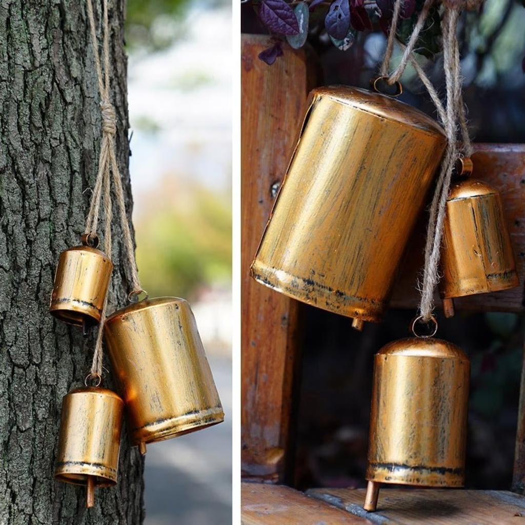 Christmas Bell Decoration, Set Of 3 Christmas Bell Brass Cow Shabby Style Rustic Metal Hanging Giant Cow Bells Decor Gold