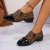 Sapatos Femininos 2025 Novo Outono Estampa de Leopardo Bico Fino Salto Bloco Mocassins Sapatos Casuais