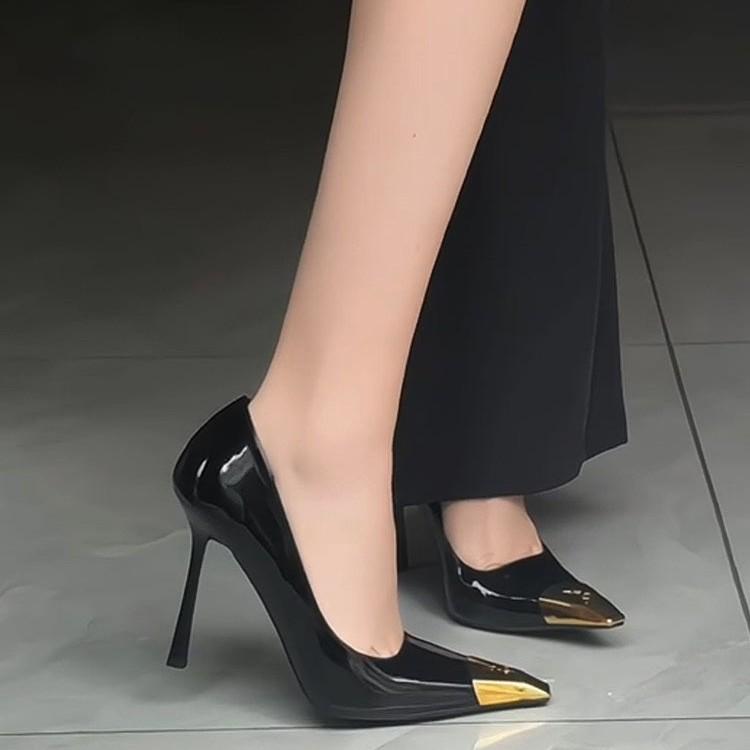 Black patent leather metal head high heels, new autumn light mouth sexy celebrity thin heel thin lady single shoes