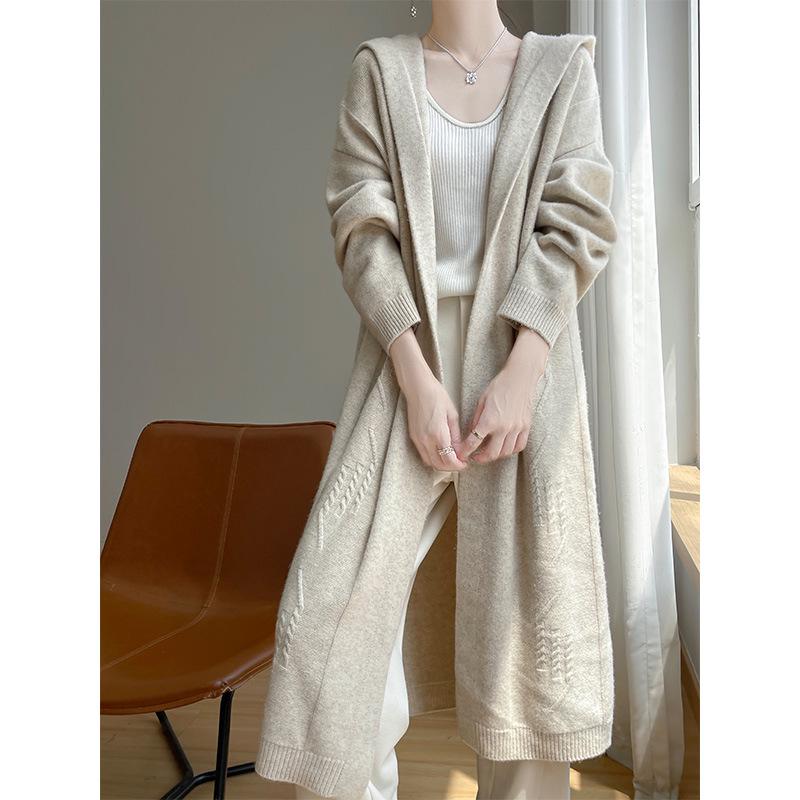 Women's Hooded Over-the-Knee Wool Knitted Cardigan - Thick, Loose, Buttonless Outerwear for Autumn/Winter