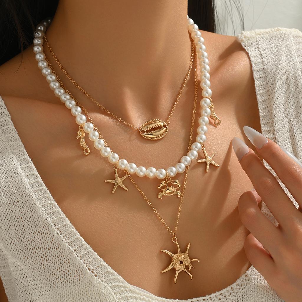 Ocean Wind Multi-element Crab Scallop Starfish Seahorse Necklace Elegant Imitation Pearl Multi-layer Stacked Necklace Women