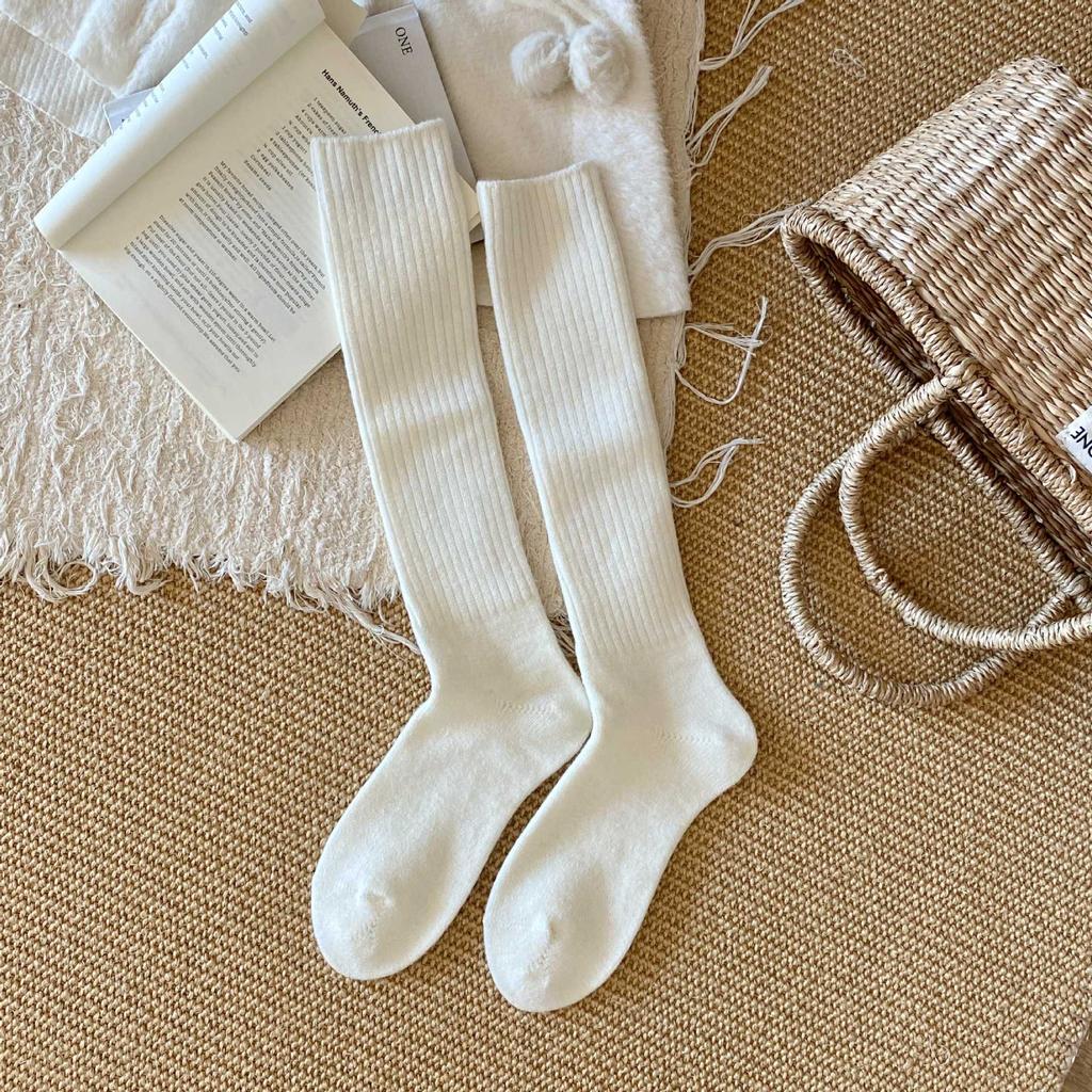 Seasonal Pile Socks Thicken Warm Vertical Pattern Slimming With Wool Maillard Coffee Color Calf Socks Stocking Socks Women
