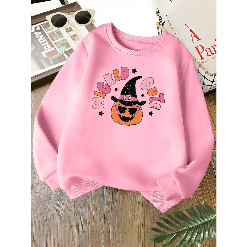 Kids Unisex Crewneck Sweatshirt, Wicked Cute Witch Pumpkin Heart Sunglasses Halloween Print Soft Fleece Pullover, Suitable For Kids Over 4 Years Old