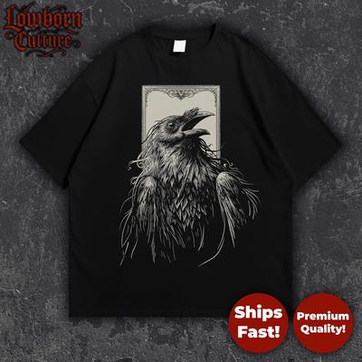 Raven Portrait T-Shirt Gothic Crow Art Dark Academia Vintage Edgar Allan Poe Streetwear Tee