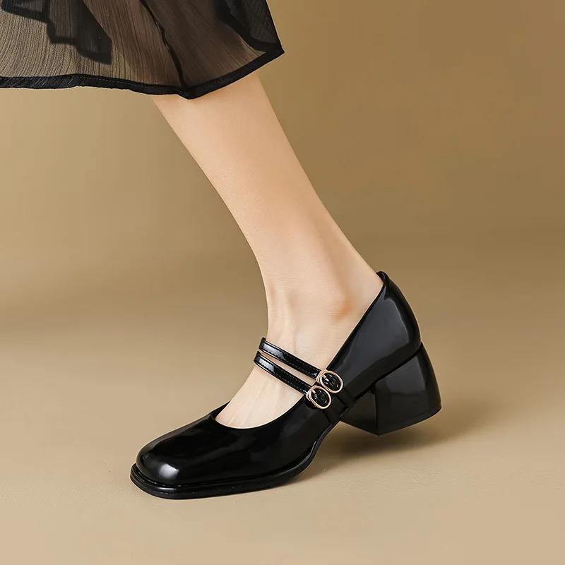 Fashion Large Size 34-43 Mary Jane Shoes Women Block Heel Patent Leather Black Shoes
