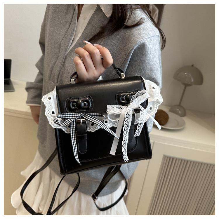 Faux Leather Flap Square Shoulder Bag for Women with Lace Bow Knot Trendy Casual Crossbody Purse