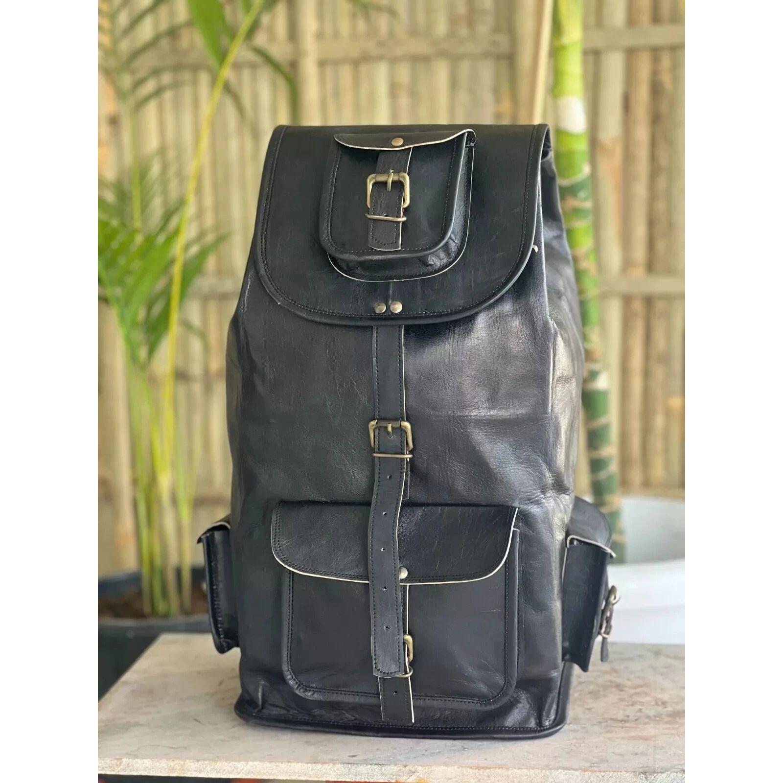 

Винтажный дорожный рюкзак для ноутбука из натуральной черной козьей кожи, мужской, сумка-рюкзак для спортзала 18 x 9 x 9 in