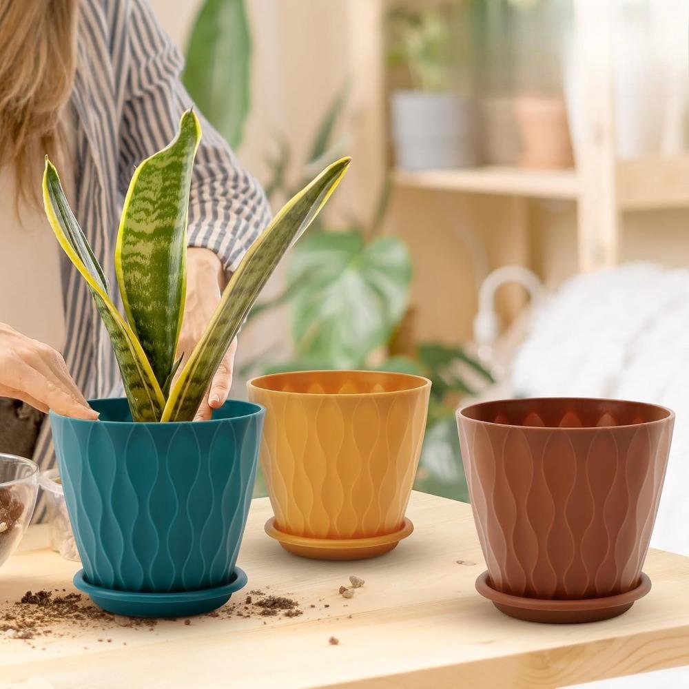5pcs Indoor Planter Pots with Drainage Hole and Tray Saucer Flower Pots for Indoor Outdoor Garden Plants and Flowers Modern Wave Texture