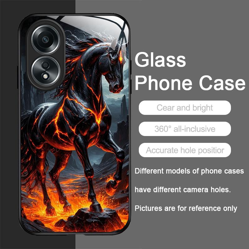 Creative Flame Black Horse Pattern Tempered Glass Phone Case for OPPO Realme 14 13 Pro Plus 12 11 10 Neo 3 X7 PRO C75 C55 Cover