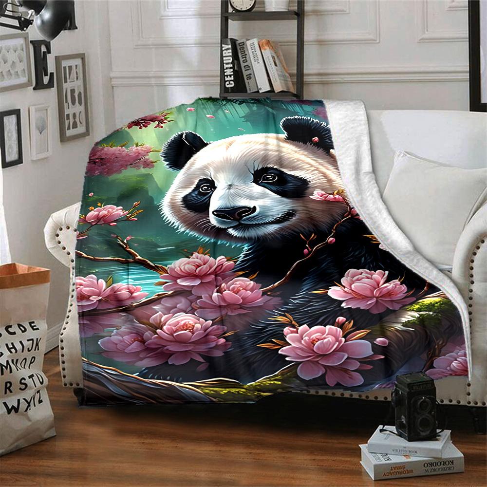 1pc Panda, Cherry Blossom Blanket Lightweight Blanket Throw Blanket For Sofa, Bed, Travel, Camping, Livingroom, Office, Couch, Chair yy251010099