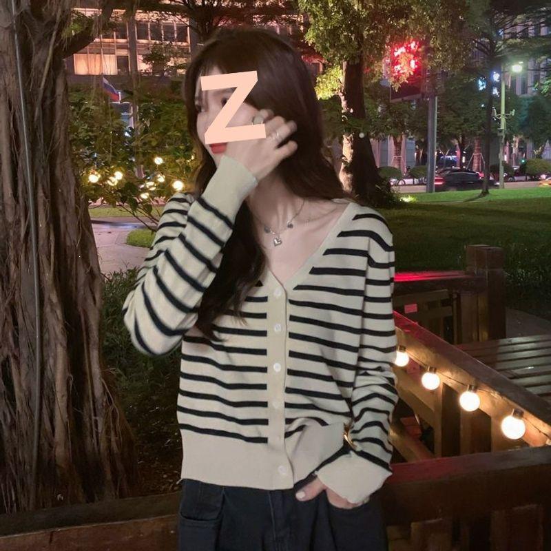 Women's V-Neck Striped Knit Cardigan, Long Sleeve, Lightweight, for Spring/Autumn 2026