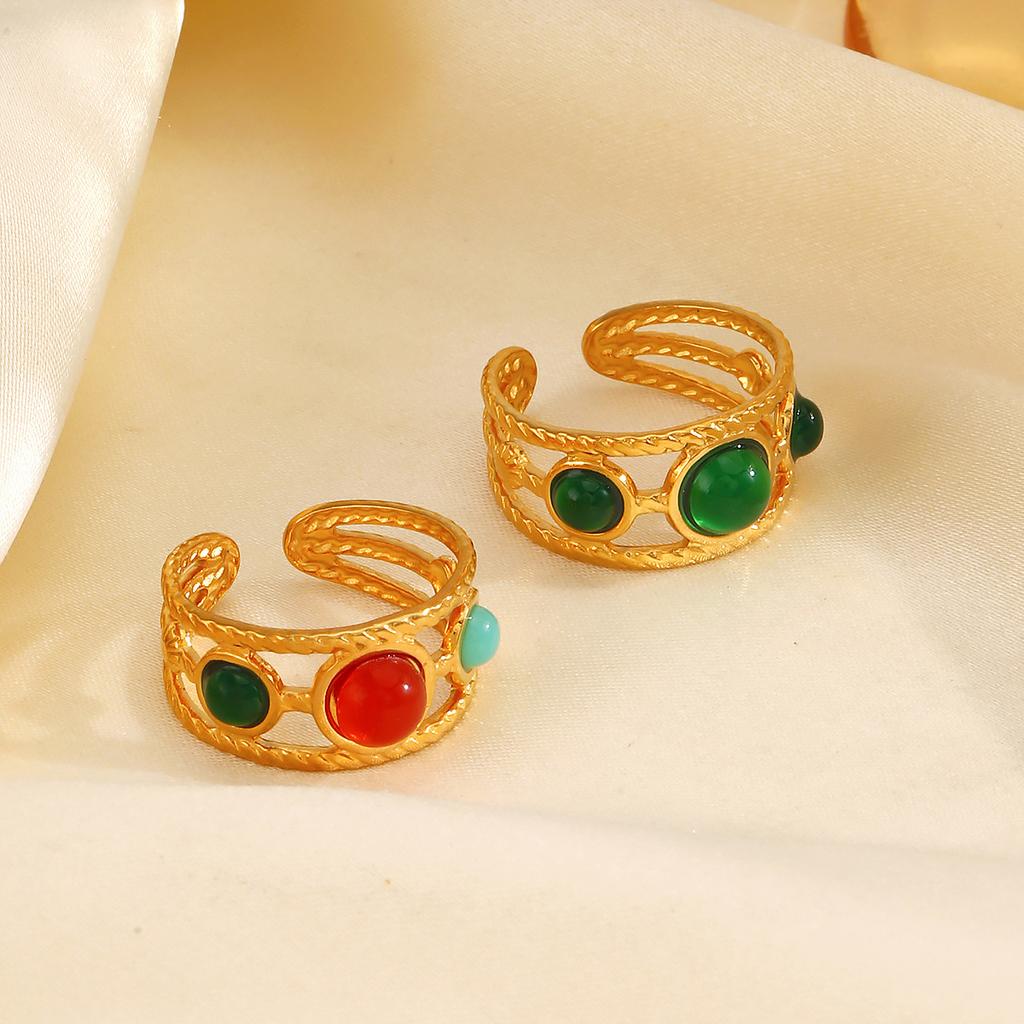 Vintage Stainless Steel Multi Layer Lines Rings for Women Men Colorful Resin Semi-Circle Bead Opening Rings Banquet Jewelry Gift