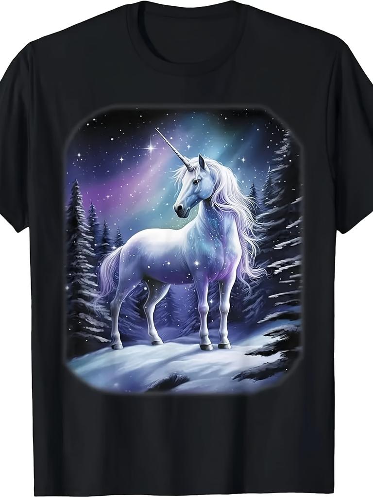 1pc Men'S Magical Forest White Horse Tshirt with Starry Night Sky Print Breathable Moisturewicking Tee Fantasy Round Neck Short Sleeve for Allseason C