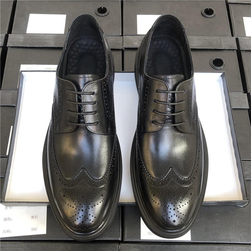 

Туфли из кожи с гравировкой Brock с широкими носами, мужская деловая кожаная дышащая рабочая обувь для костюма, мужская свадебная обувь для жениха 45 чёрный