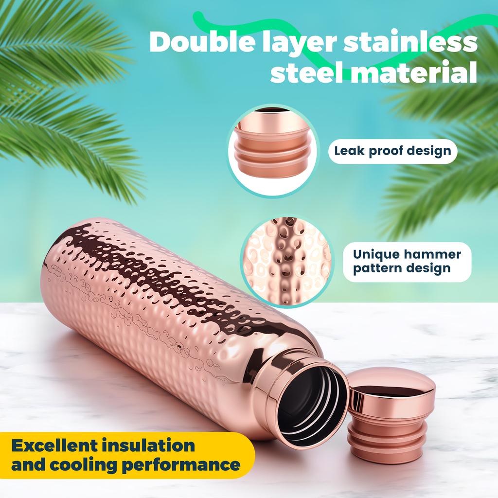 Hammered Water Bottle 620ml Water Vessel Double Layer Hammered Bottle with Cleaning Brush Leakproof and Portable for Home