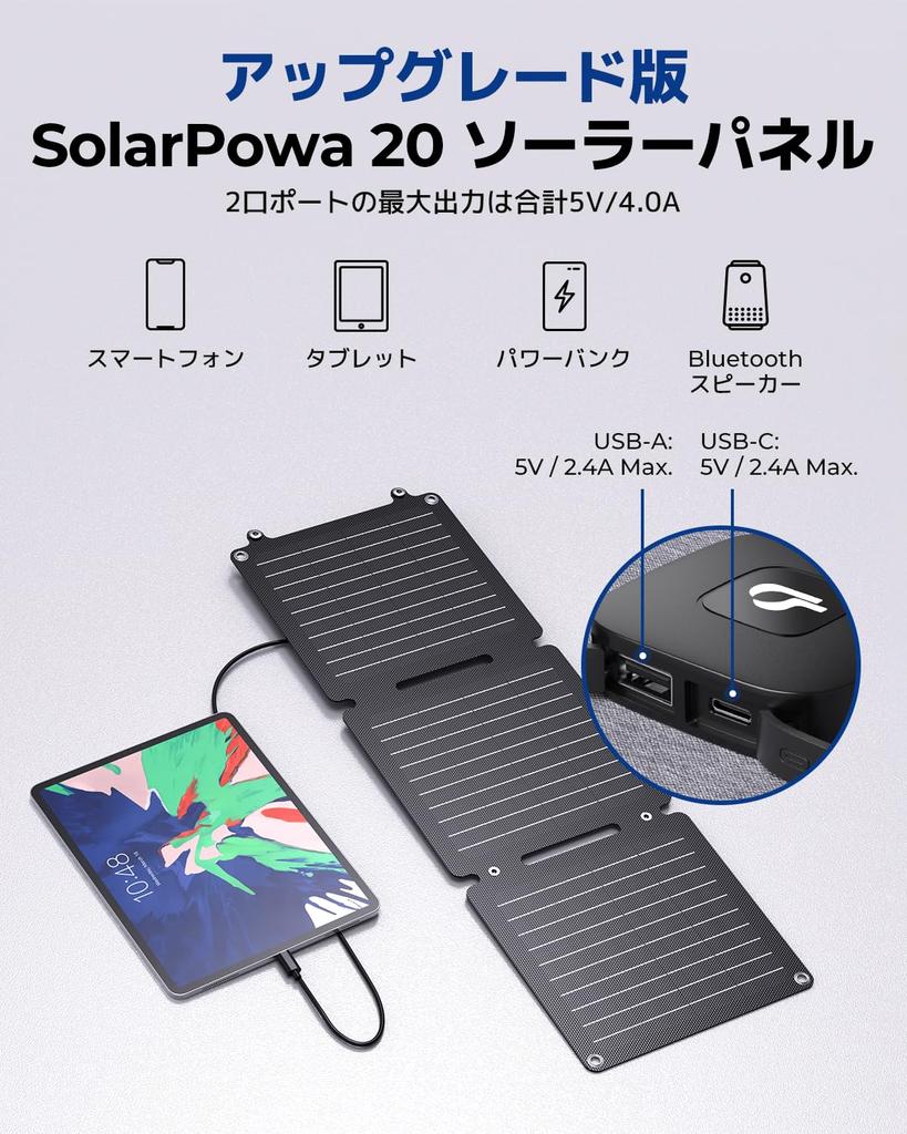 BigBlue 20W solcellepanel ETFE-materiale 2 USB-porter Solarlader IP65 Vanntett og støvtett liten solcellelader Sammenleggbar Single Crystal High
