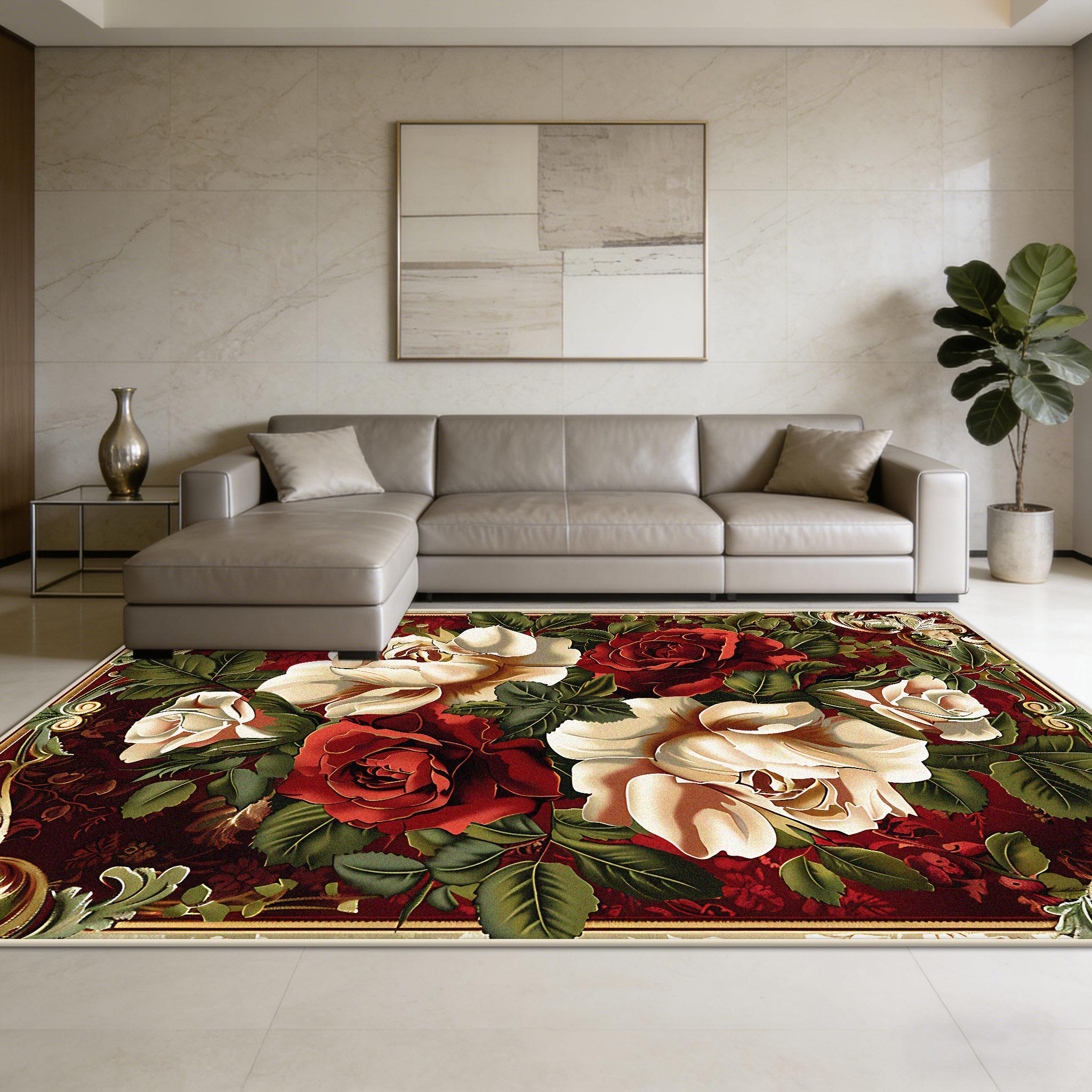 

Vintage Red White Rose Luxury Living Carpet for Room Easy Clean Fluffy Soft Garden Rug Large Size Antiskid Bedside Floor Mats 60x90cm