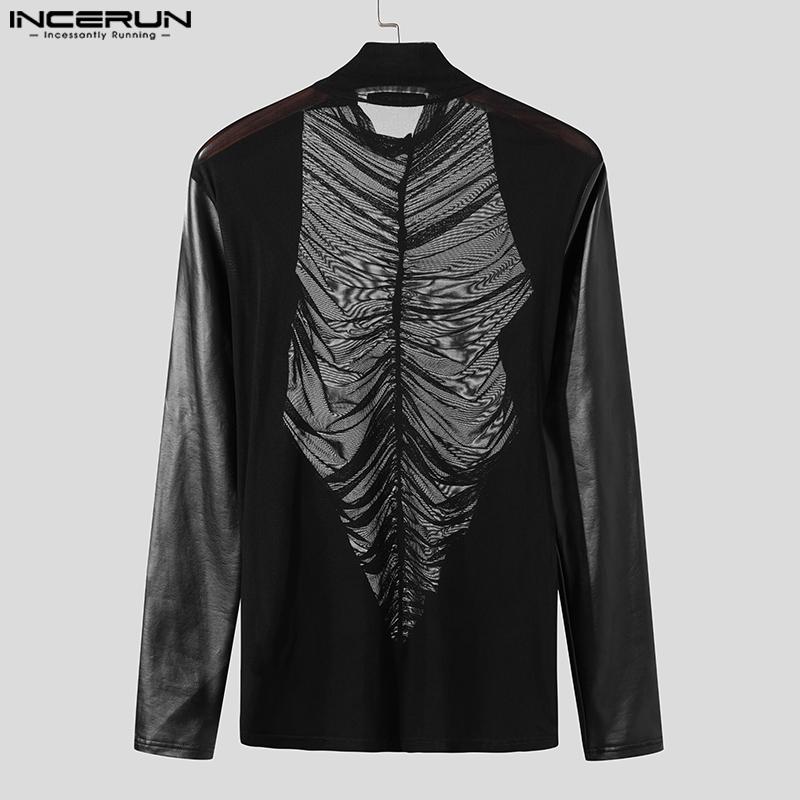 INCERUN Herren Langarm PU Leder Patchwork Durchsichtige Tops Mesh Transparente T-Shirts