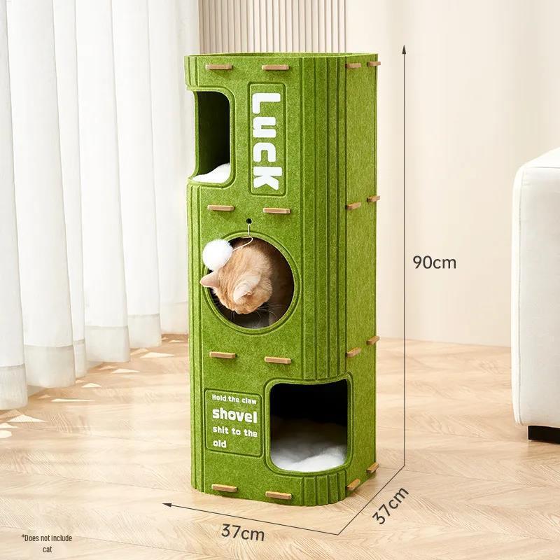 Waterwood Space-Saving Cat Climbing Frame: Felt Barrel Nest with Three Layers and Tree Hole for Big Cats