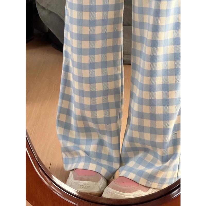 2024 Trendy Blue Plaid High-Waisted Wide-Leg Casual Pants for Women