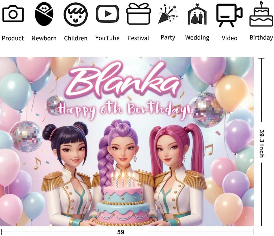 Kpop Demon Hunter themed girls' birthday party decoration background pink children's custom name photo portrait decoration banner background210