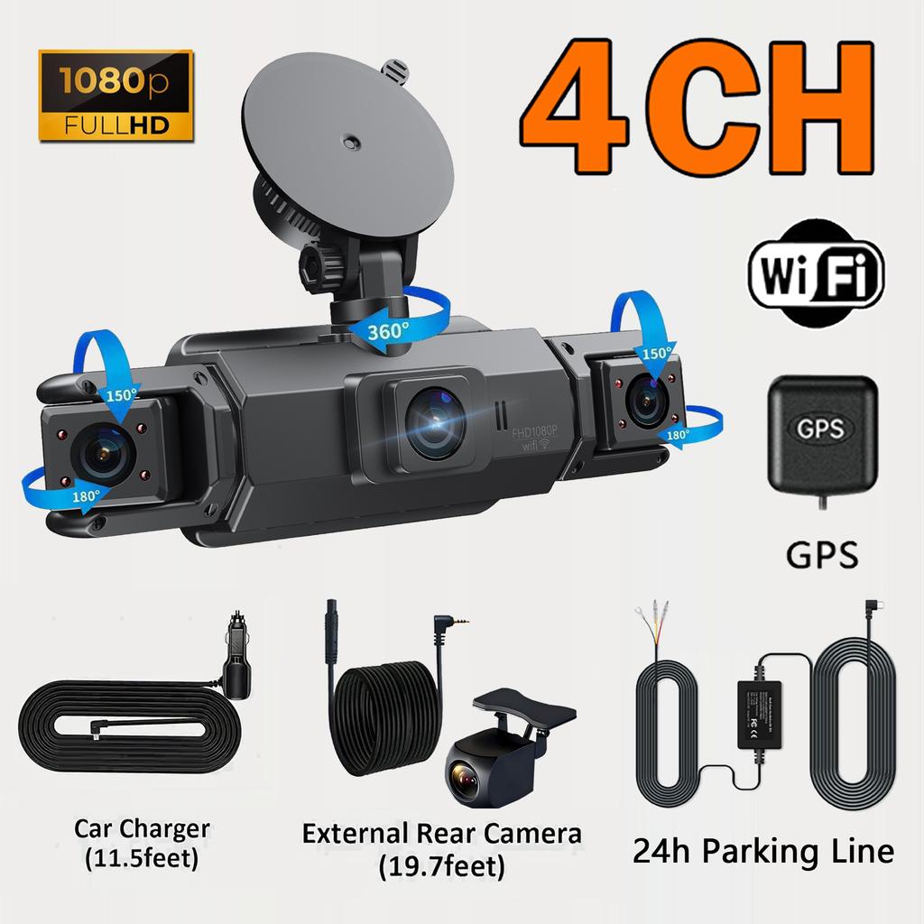 Car Dash Cam 4 Channel with GPS Night Vision WiFi for Car DVR 360° Front Left Right Rear Loop Recording 24H Parking Monitor