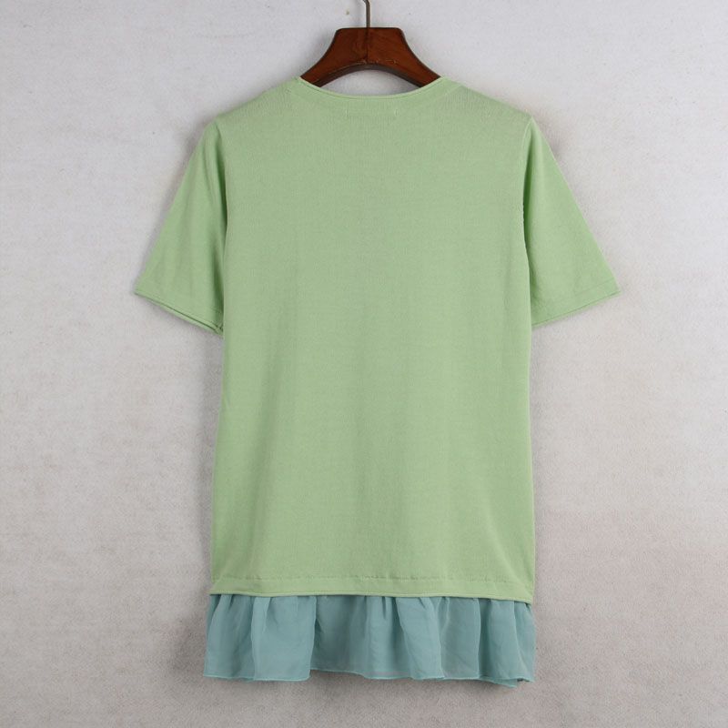 House Summer New Arrival Export European and American Women's Clothing Heavy Industry Beads Cotton + Silk Round Neck Short Sleeve Knitwear Thin Top
