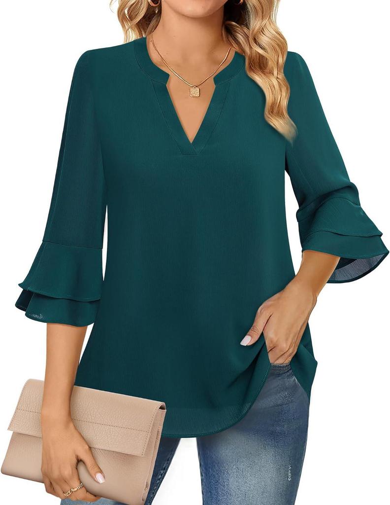 Women's V-Neck Double-Layer Chiffon Top with Flare & Tie-Waist Detailing