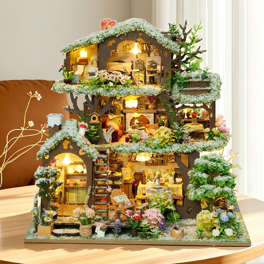 Maison Arbre d'Hiver Neigeuse Villa Kit de Maison de Poupée DIY Fait Main, Kit de Maison Miniature en Bois 3D, Chalet Fantaisiste Petite Maison Décor Cadeau