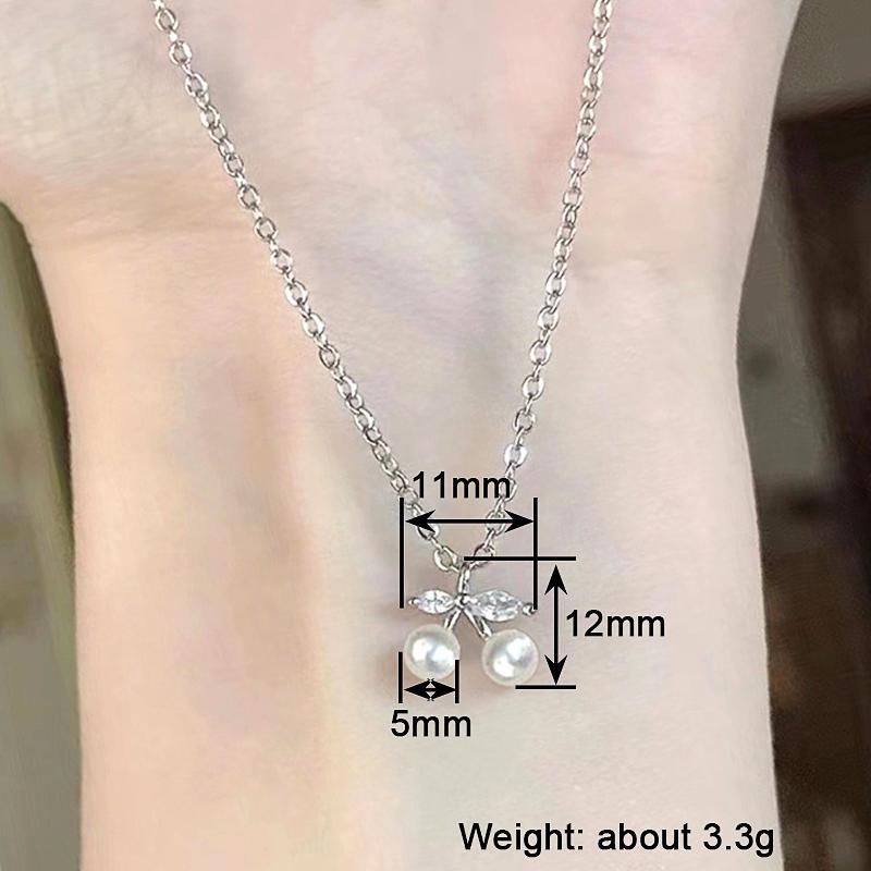 Chic Small Cherry Pendant Necklace for Women Simulated Pearl Accessories for Engagement Ceremony Zirconia Jewelry Gifts