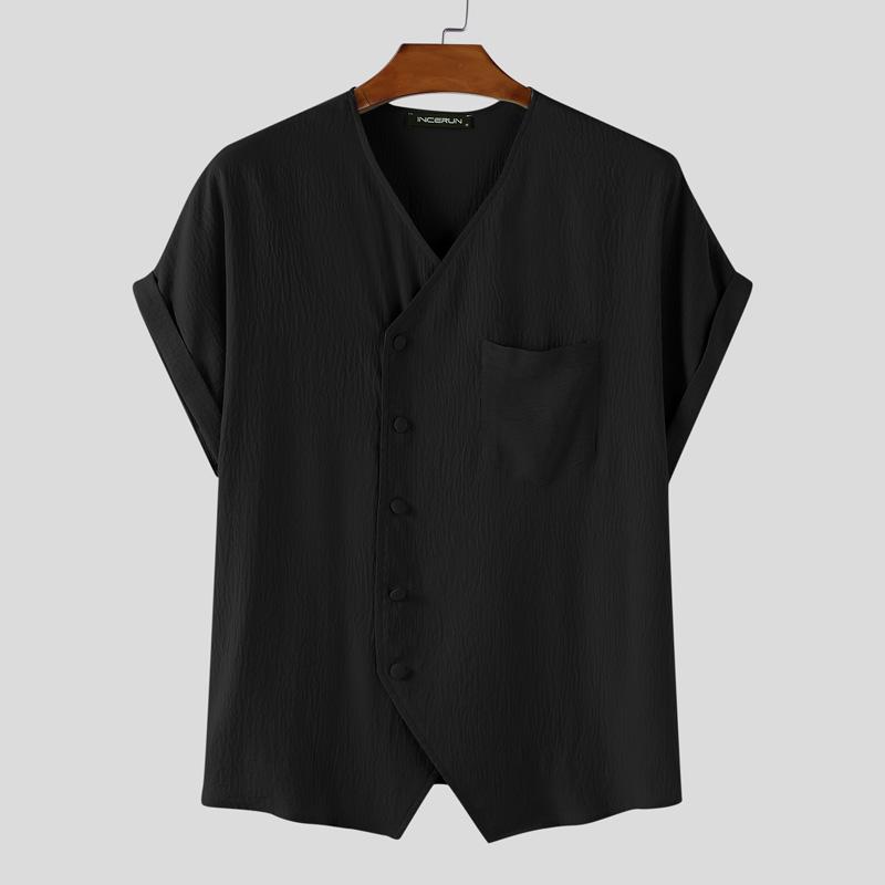 

INCERUN Men V Neck Short Sleeve Button Down Splits Casual Shirts 5XL чёрный