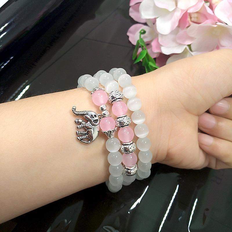 Crystal Opal Multi-loop Bracelet Women's Pink Bracelet Elephant Pendant Jewelry