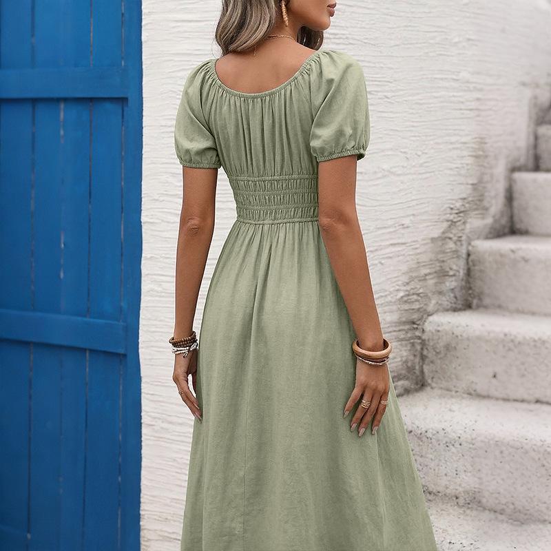 European, American Spring and Summer New Fashion Square Neck Bubble Sleeve Dress French Elegant Solid Color Dress Women