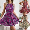 Women Casual Ruffled Hem Floral Print Spaghetti Strap A Line Flared Short Vacation Dress