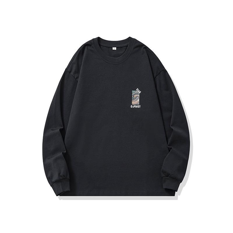Men Black Printed Round Neck Long Sleeve Loose Casual Cotton T Shirt